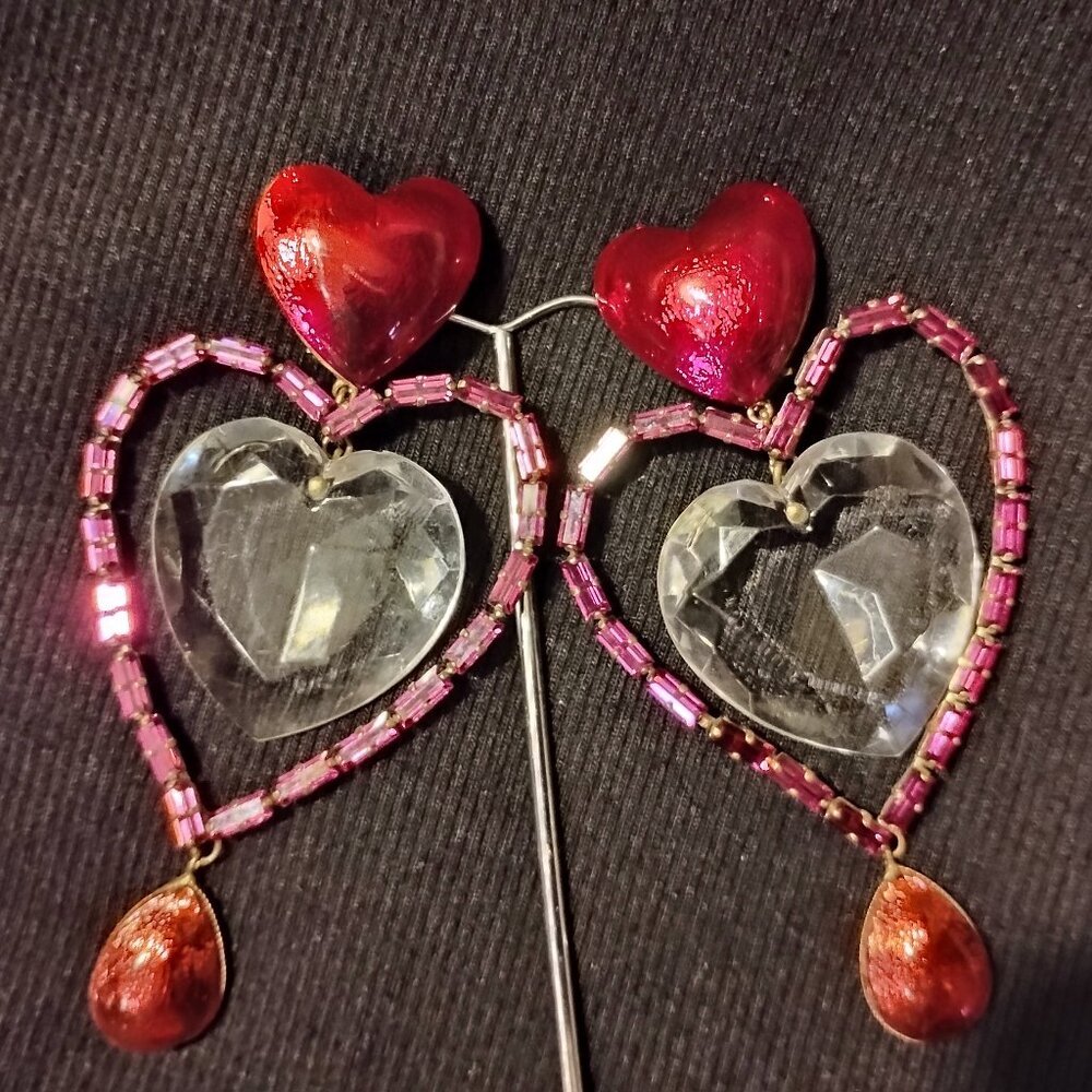 ❤️YVES SAINT LAURENT France Rive Gauche XL 3 Heart Rhinestone Crystal Earrings